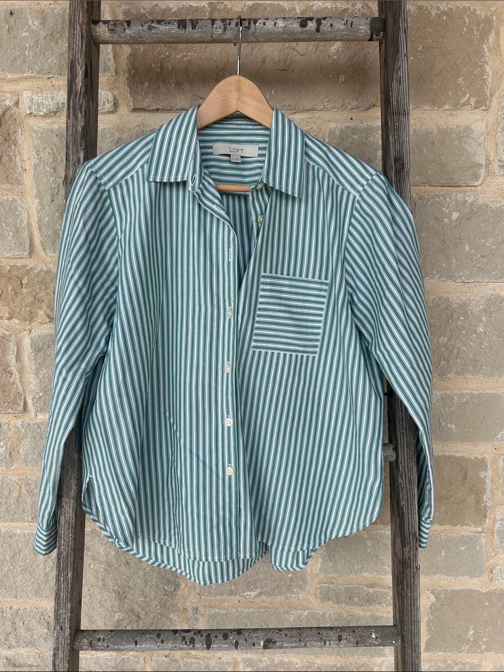 LOFT Green and White Stripe Button-Down Shirt